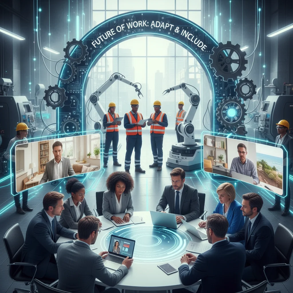 Diversidad de trabajadores adaptándose a nuevos modelos de trabajo y regulaciones laborales, incluyendo teletrabajo y flexibilidad.