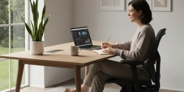 Persona trabajando remotamente en un escritorio moderno con plantas, simbolizando bienestar digital y productividad.