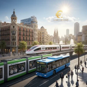 Transporte público eficiente en España, con trenes y autobuses modernos, simbolizando el ahorro económico.