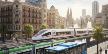 Transporte público eficiente en España, con trenes y autobuses modernos, simbolizando el ahorro económico.