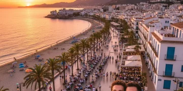 Vista panorámica de una ciudad costera española al atardecer, con turistas disfrutando y el mar de fondo.