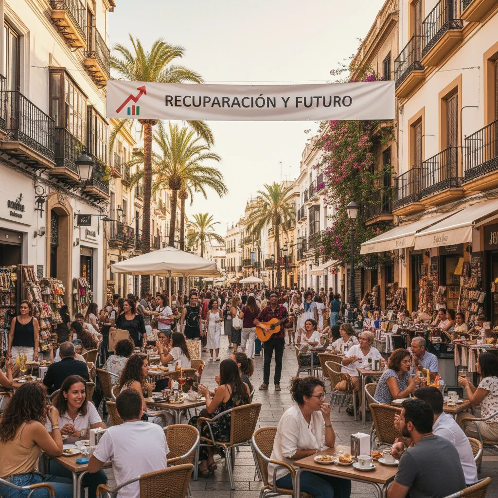 Calles concurridas en una ciudad española, reflejando el auge del turismo y servicios.