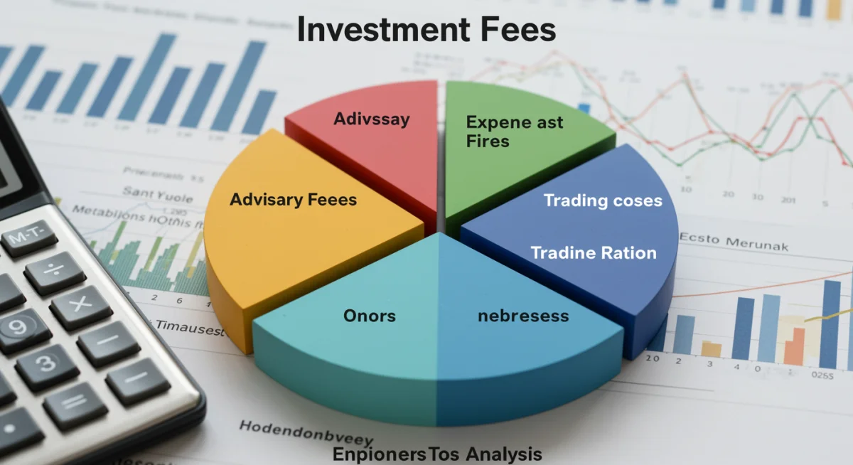 Pie chart illustrating various investment fee types and their proportions, with a calculator overlay