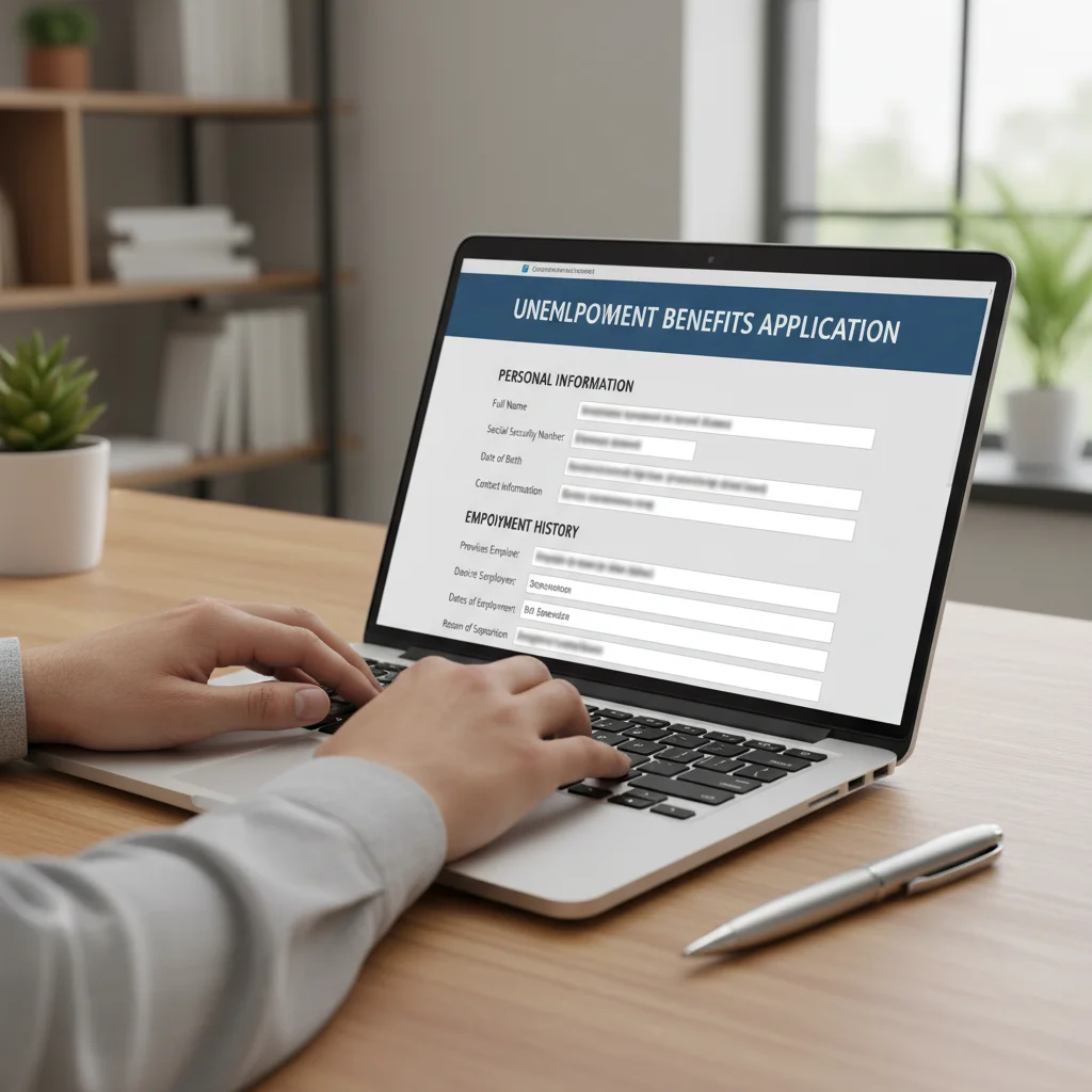 Woman completing unemployment benefits application online