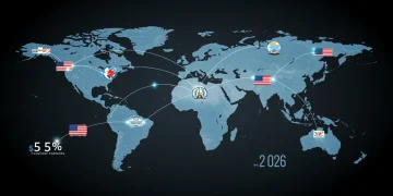 Global trade network with US at center, symbolizing new agreements and economic growth.