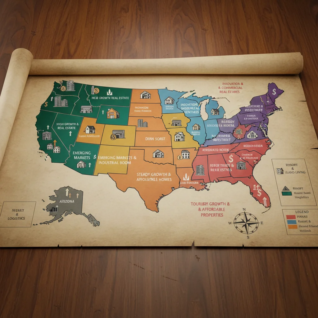 US map highlighting high-growth areas for real estate investment, with property type icons.