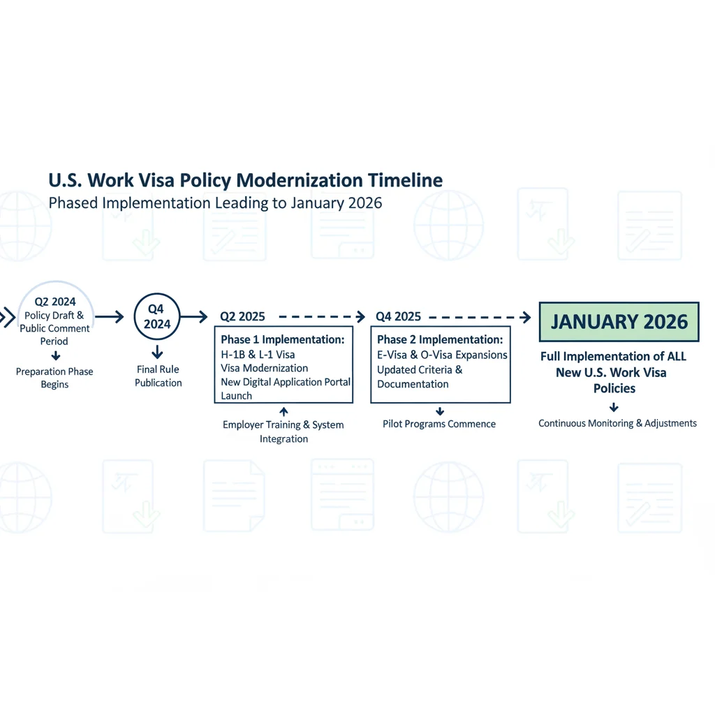 Timeline graphic for U.S. work visa policy implementation by January 2026