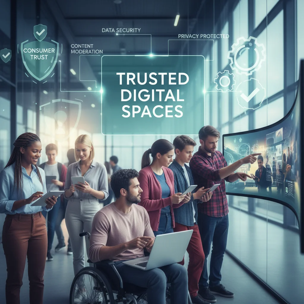 Grupo diverso de usuarios interactuando con dispositivos digitales en un entorno online seguro y regulado.