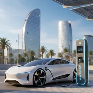 Vehículo eléctrico cargando en estación de carga con edificios modernos de fondo.