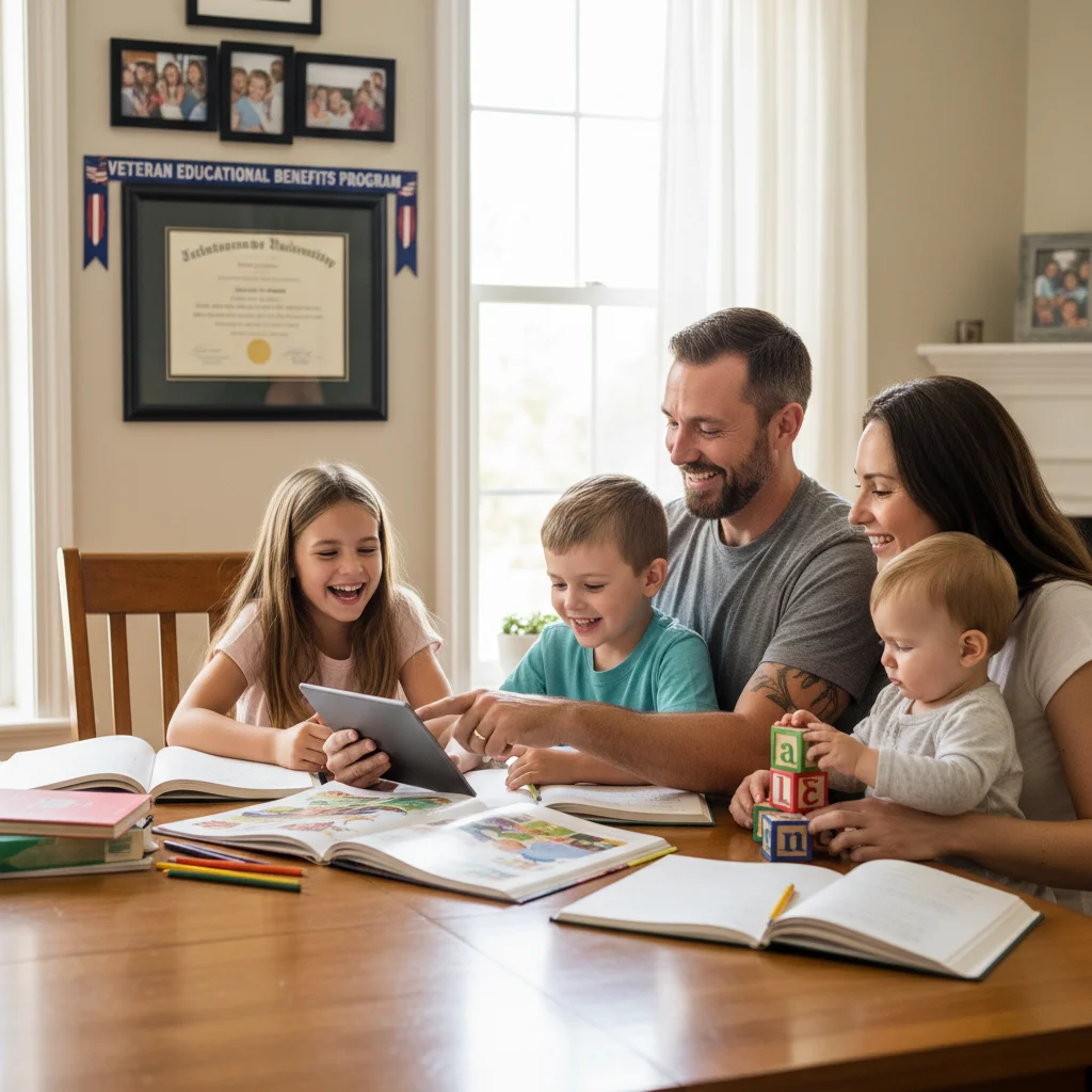 Veteran's family studying with educational resources, highlighting impact of new education benefits.
