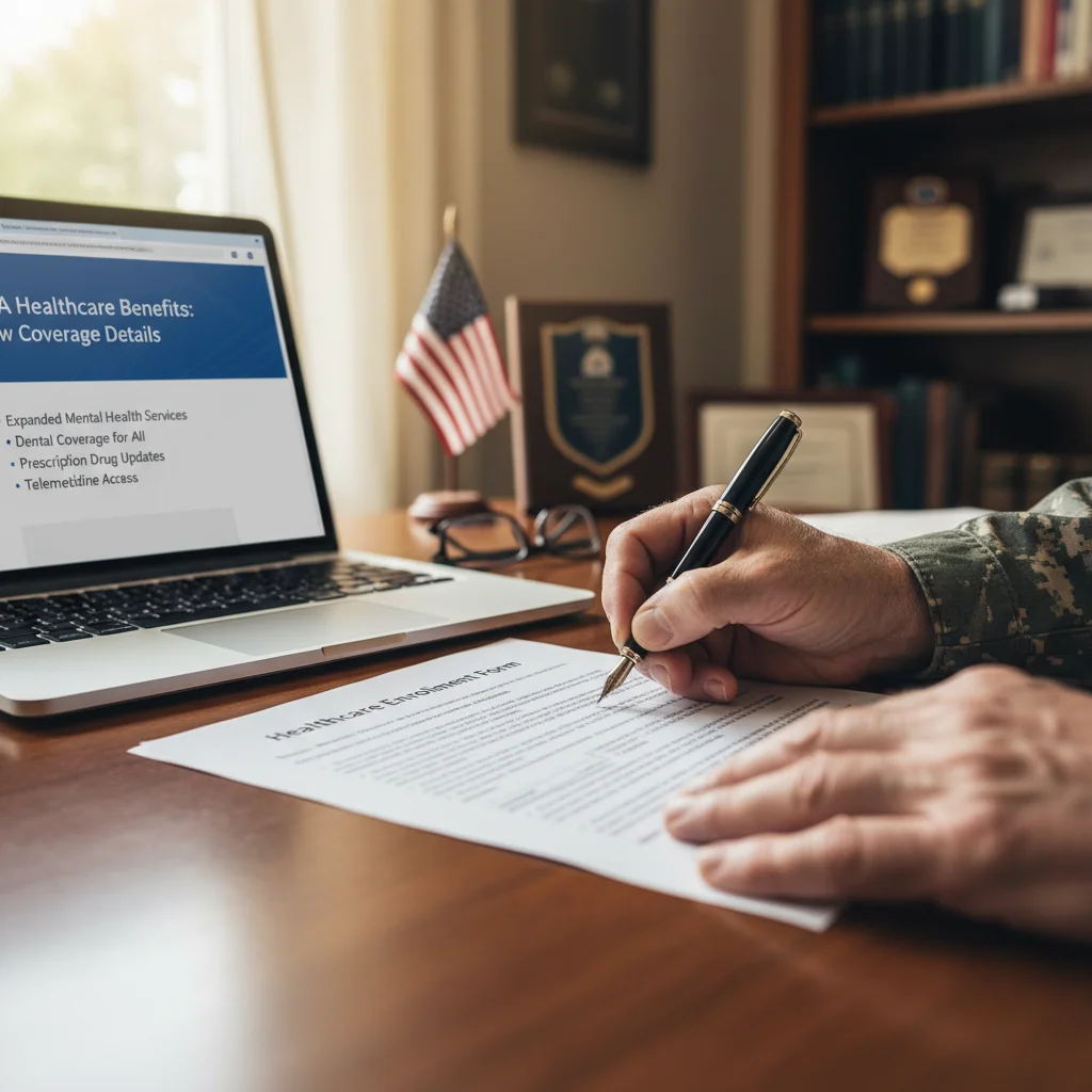 Veteran signing healthcare benefit documents, illustrating new VA medical services access.