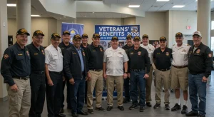 Veterans smiling in a community center, discussing new benefits programs for 2026