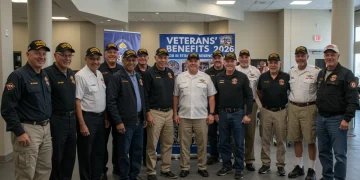 Veterans smiling in a community center, discussing new benefits programs for 2026