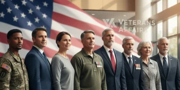 Veterans standing together with flag, symbolizing unity and support from Veterans Affairs 2026 benefits.
