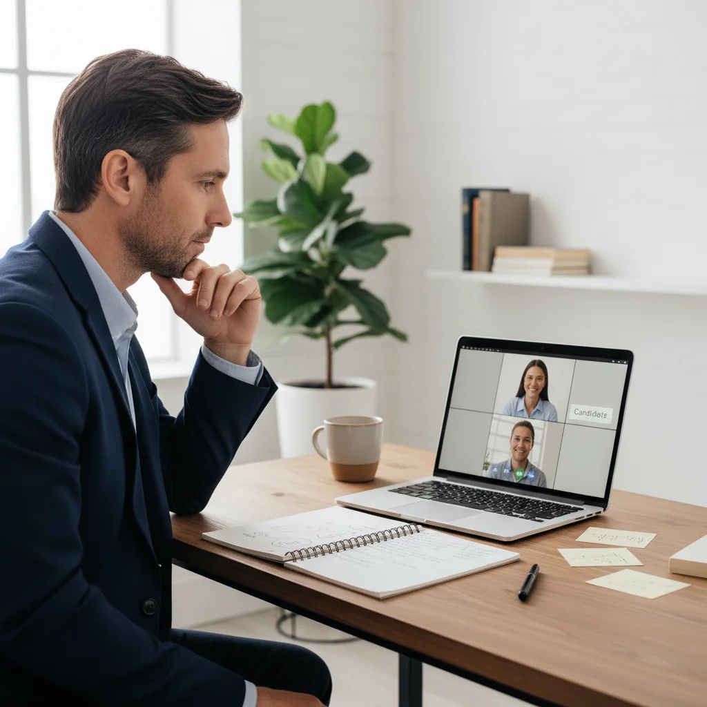 Candidate preparing for a virtual U.S. job interview, reviewing notes on a laptop.