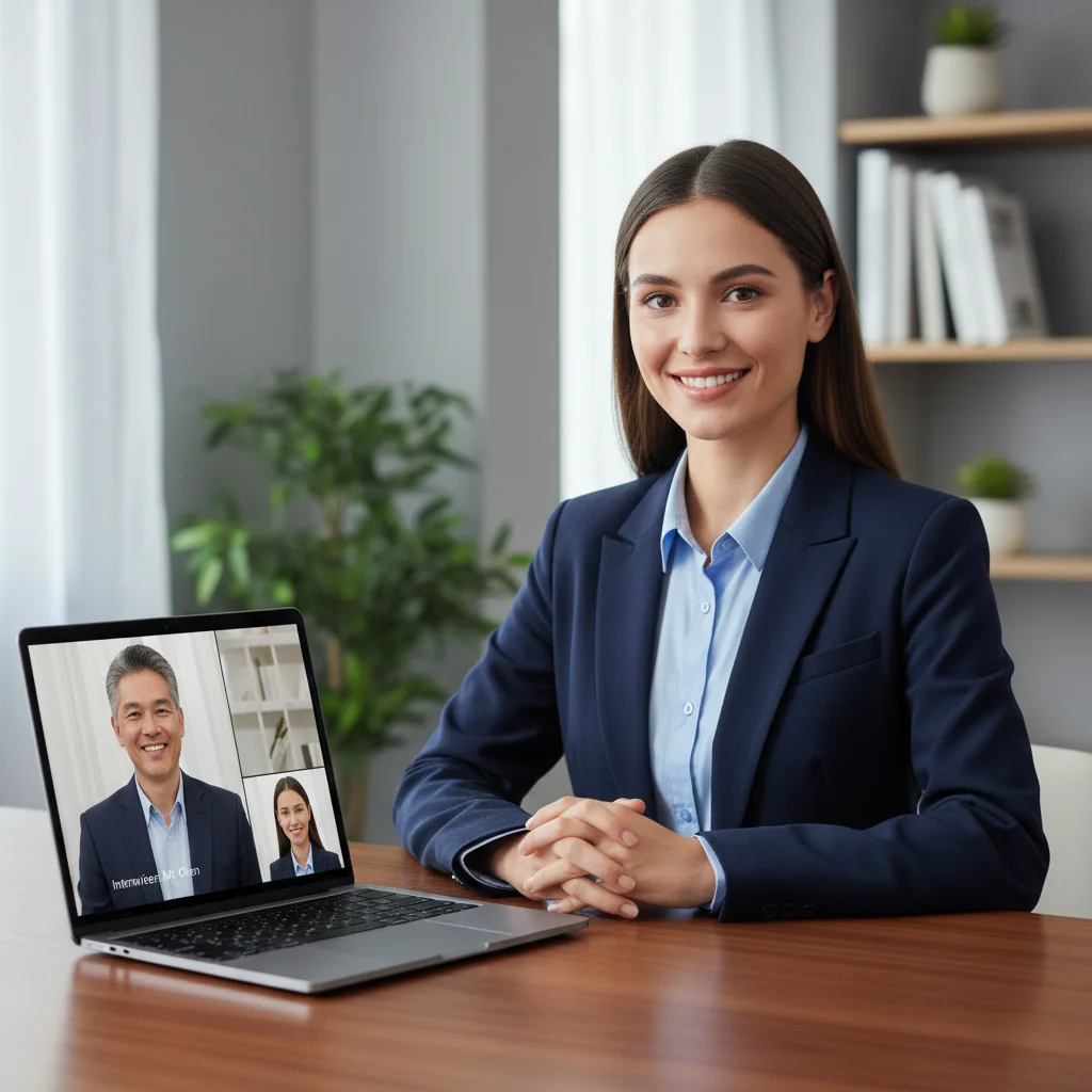 Candidate confidently performing a virtual job interview on a laptop, demonstrating strong communication skills.