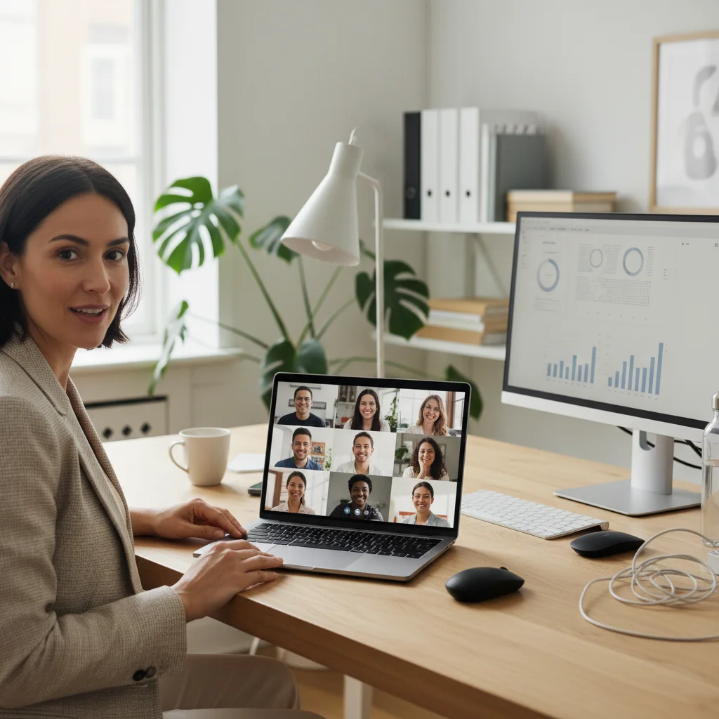 Woman participating in a virtual meeting, symbolizing remote work flexibility.