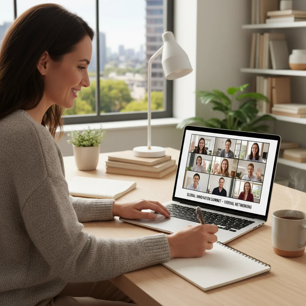 Individual participating in a virtual networking event, taking notes and engaging online