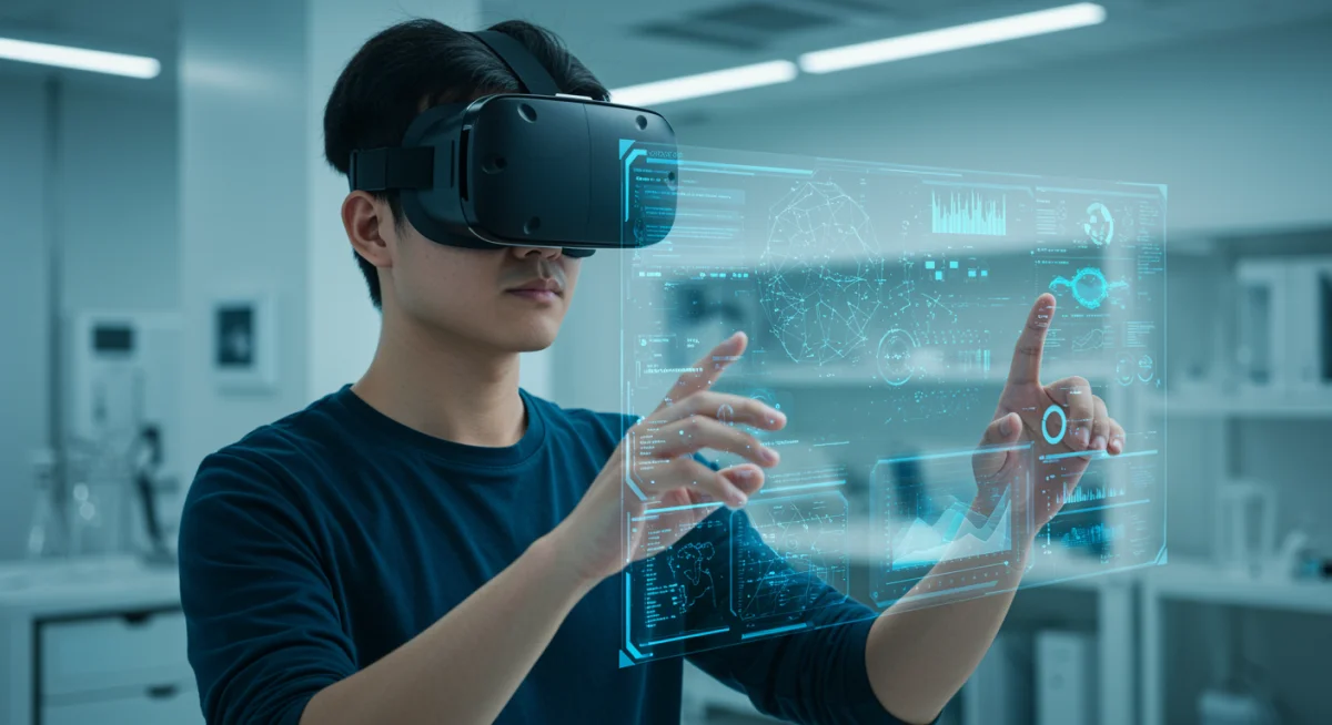 Person using a VR headset for advanced technology interaction, symbolizing innovation in future careers.