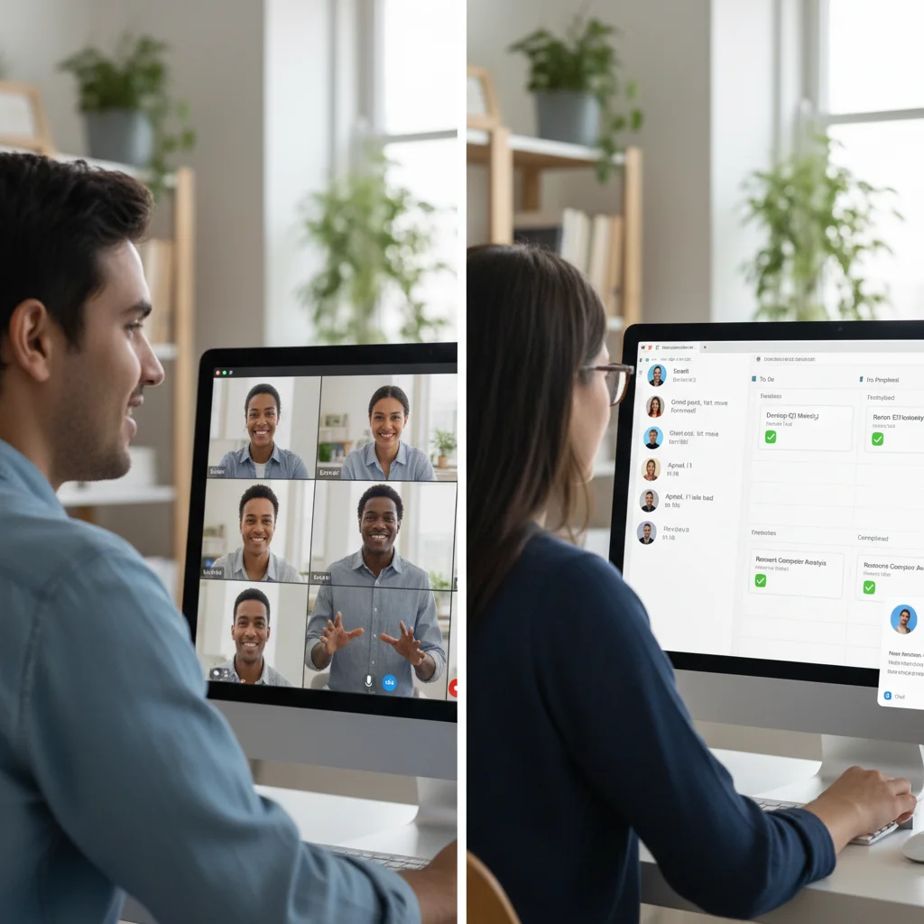 Remote team collaborating virtually through video conference and digital tools
