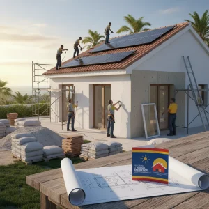 Vivienda en rehabilitación con mejoras de eficiencia energética y paneles solares, simbolizando las ayudas estatales.