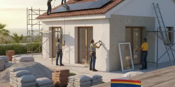 Vivienda en rehabilitación con mejoras de eficiencia energética y paneles solares, simbolizando las ayudas estatales.