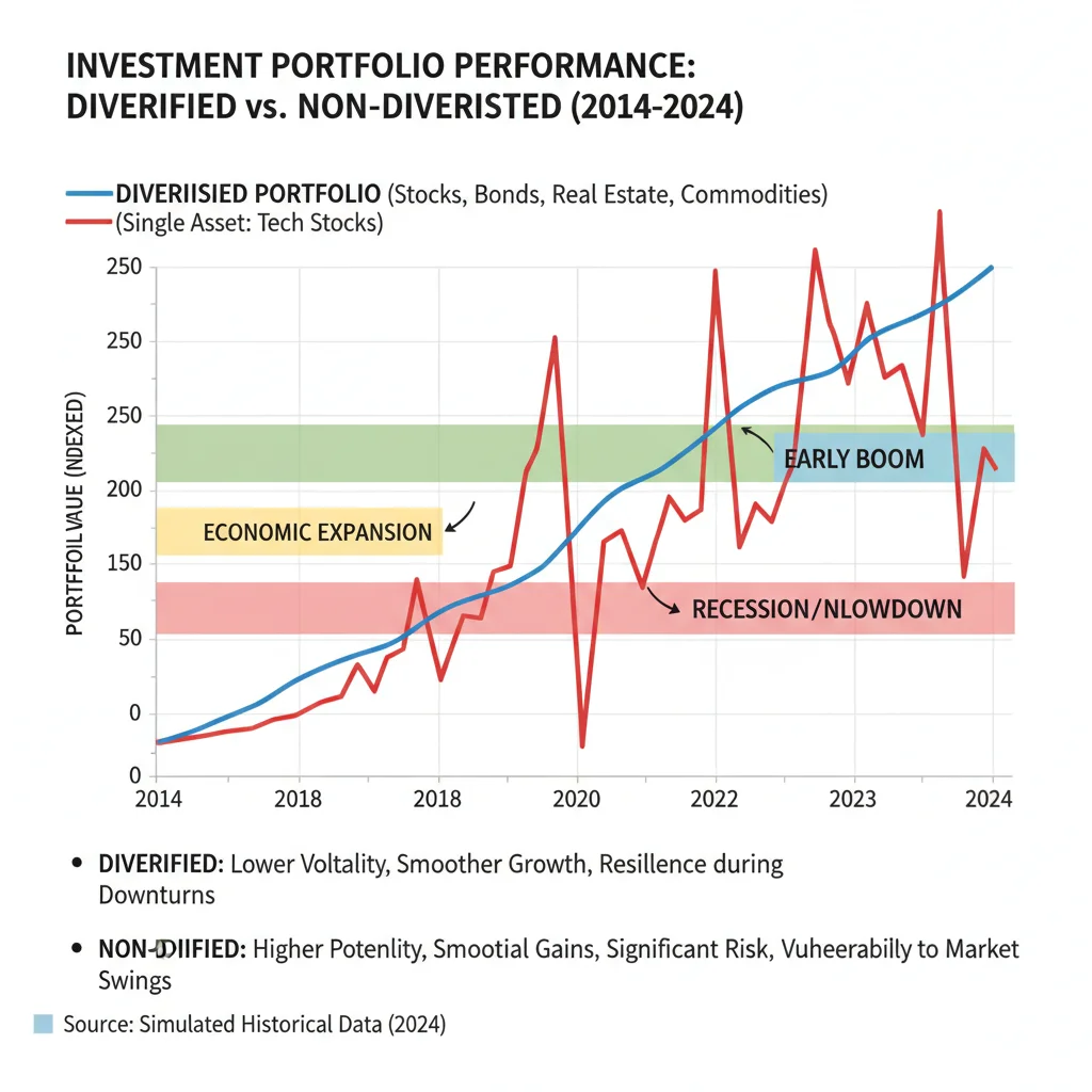 Gráfico comparativo de volatilidad entre carteras diversificadas y no diversificadas a lo largo del tiempo.