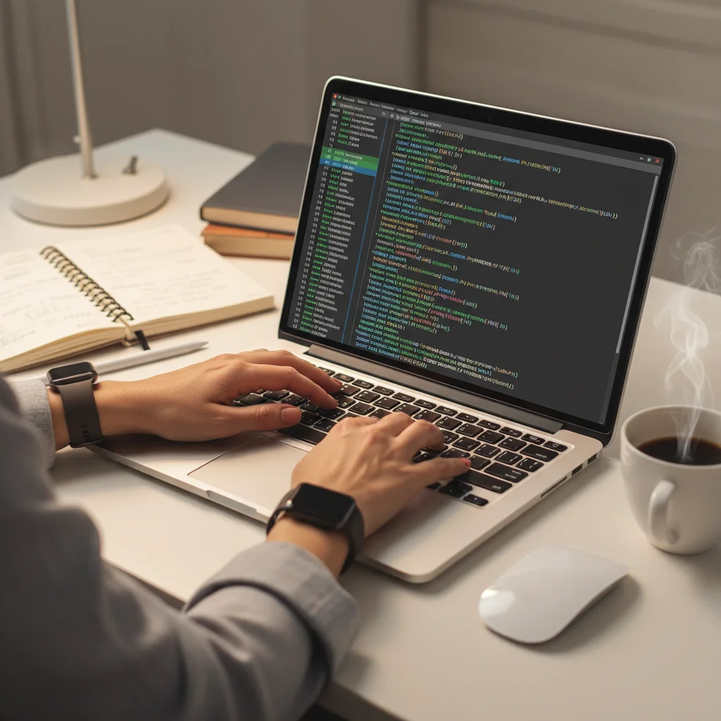 Woman's hands typing code on a laptop, demonstrating focused software development work.
