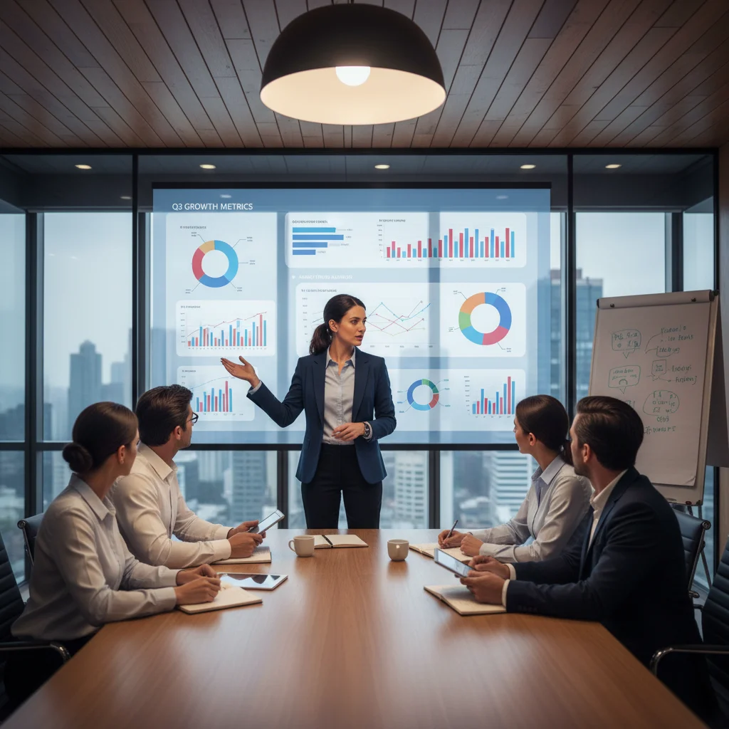 Woman presenting data insights on a screen to a group, highlighting data analysis and leadership.