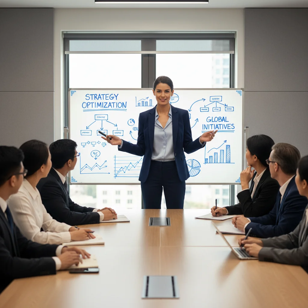 Confident woman leading a presentation in a conference room, showcasing female leadership.