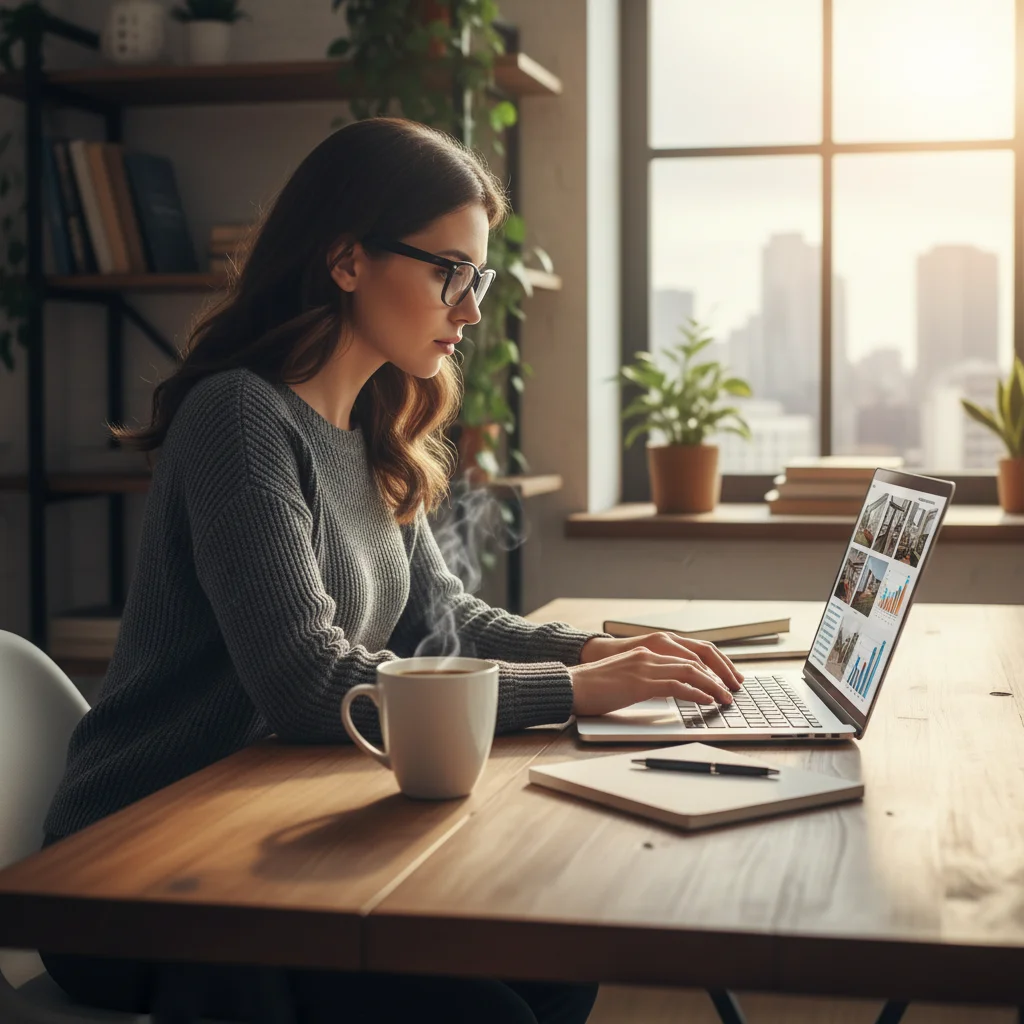 Woman researching real estate properties online