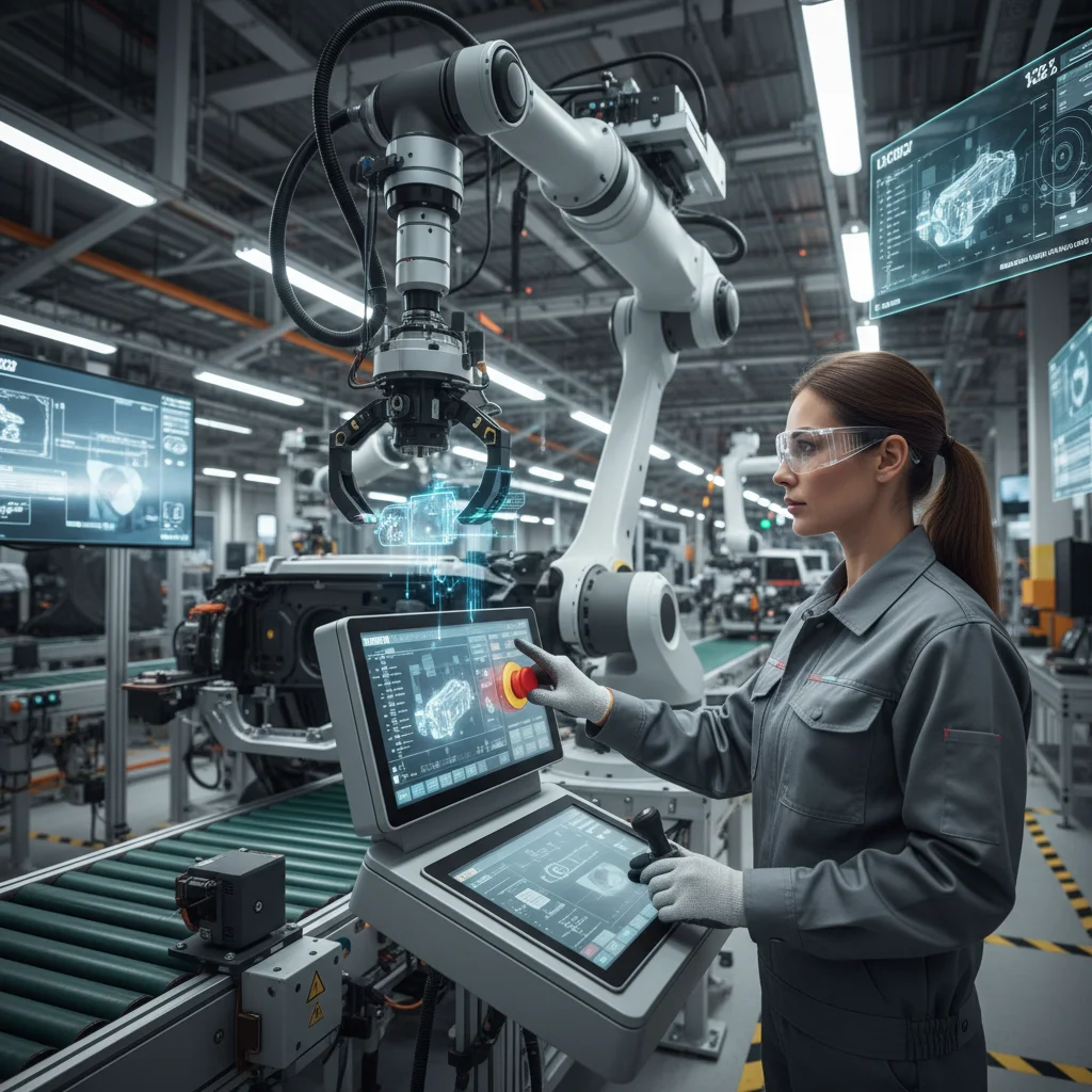 Woman skillfully operating automated machinery in an industrial setting