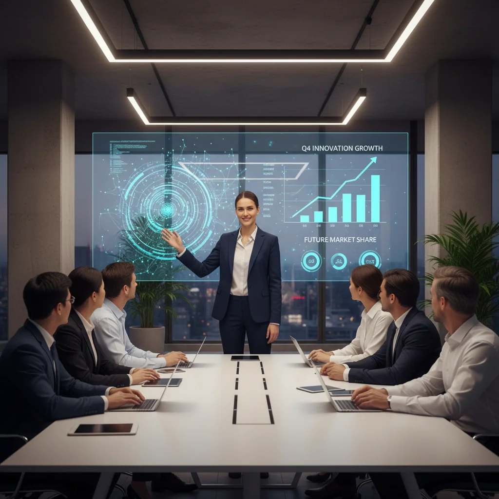 Woman presenting data in a tech boardroom