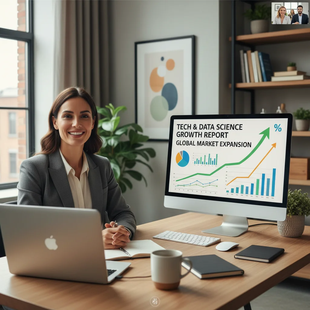 Woman leading a virtual meeting, showcasing data analytics skills.