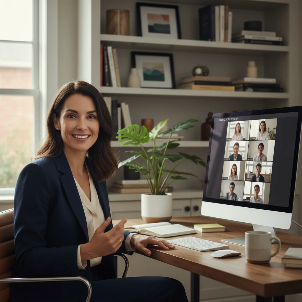 Professional woman leading a virtual meeting from her home office.