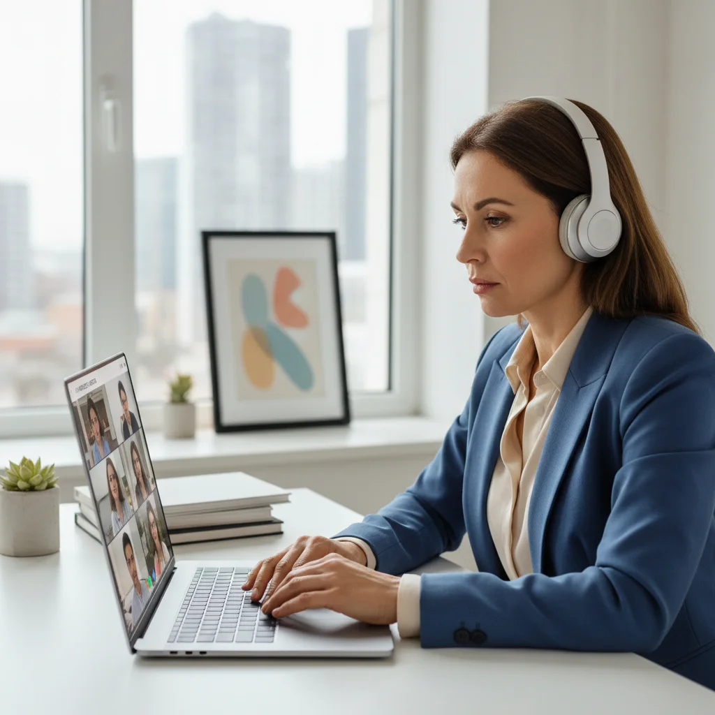 Woman over 40 actively participating in a virtual meeting