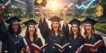 Diverse women celebrating academic success with scholarship funds