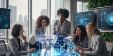 Professional women collaborating on future automation trends in a tech office