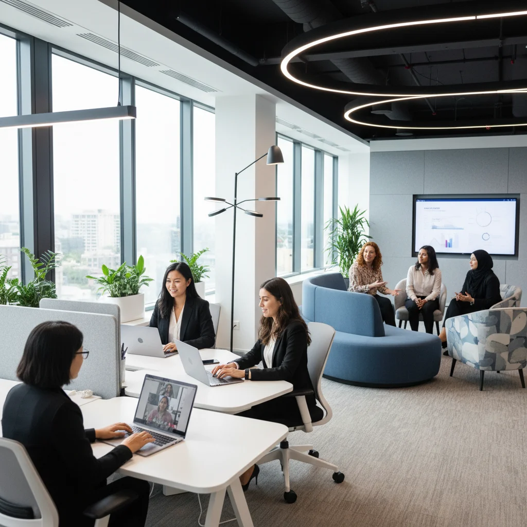 Diverse professional women collaborating in a modern hybrid office environment.