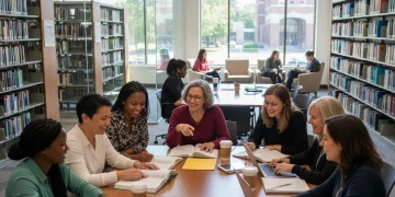 Diverse women studying together in a modern university library, symbolizing educational empowerment.