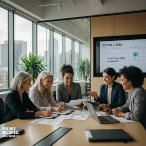 Women discussing estate planning documents, securing future