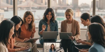 Women thriving in the U.S. gig economy with laptops and tablets.
