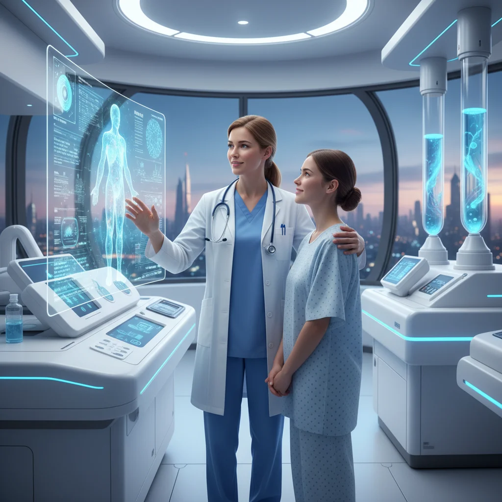 Female healthcare professional using advanced medical technology.