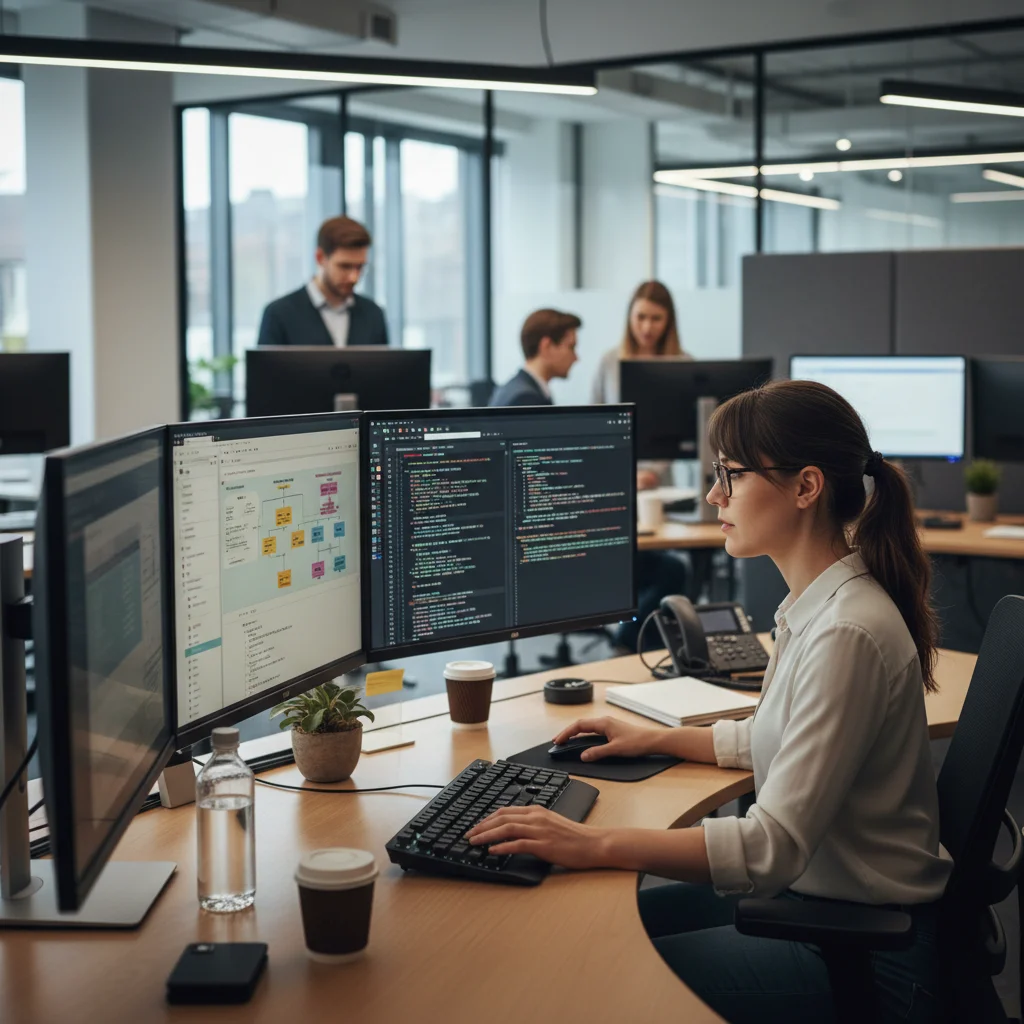Female software engineer coding in a modern tech office.