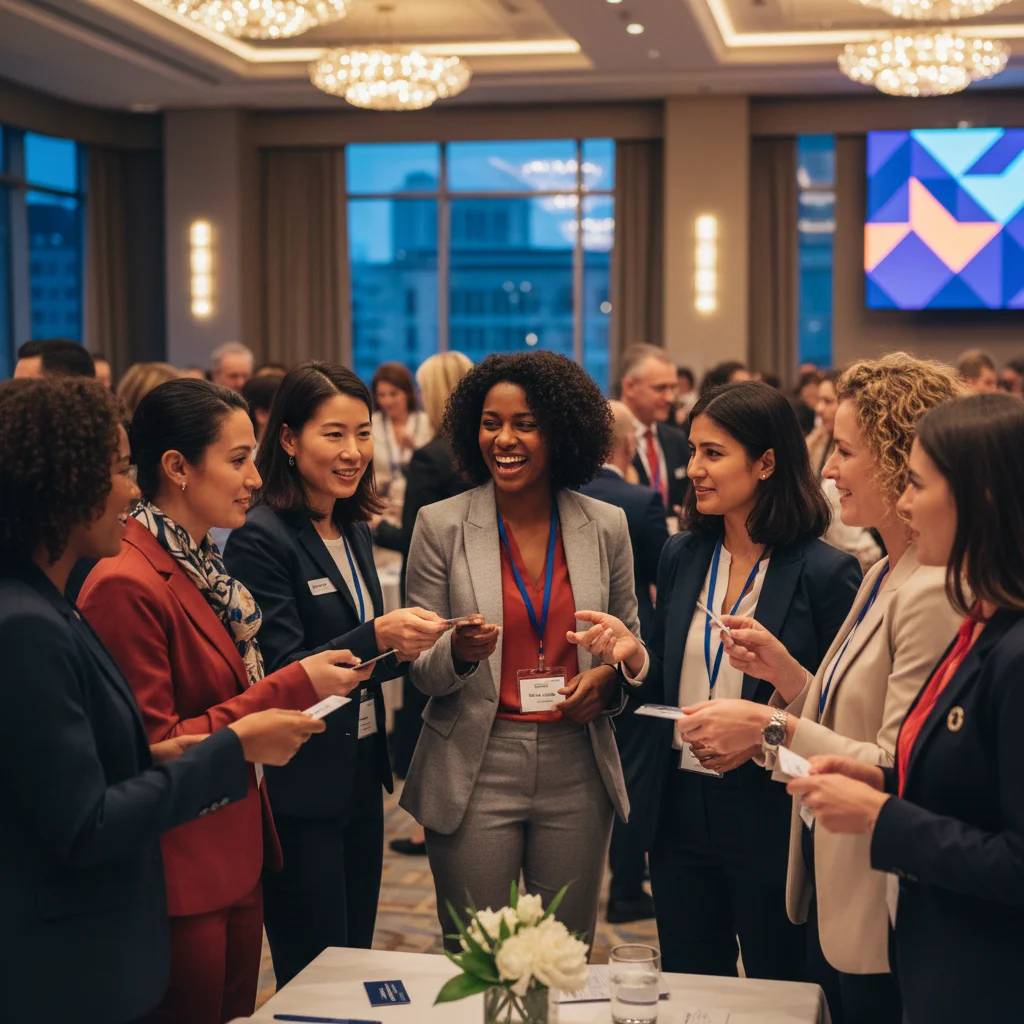 Professional women networking and exchanging business cards at a career event
