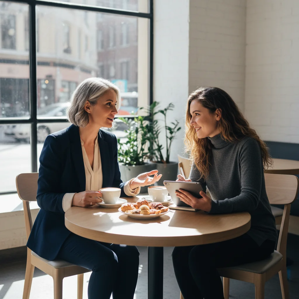 Women networking and mentoring over coffee for career growth.
