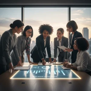 Professional women discussing salary transparency data in an office.