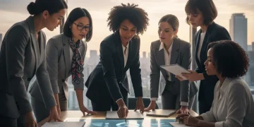 Professional women discussing salary transparency data in an office.