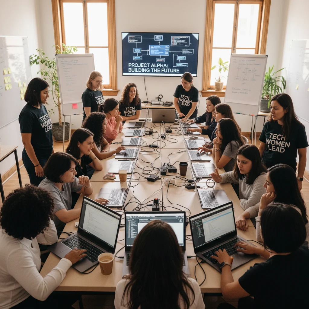 Women learning coding and STEM skills in a collaborative workshop setting