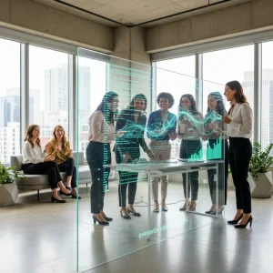 Diverse women collaborating in a modern tech office, symbolizing empowerment and innovation.